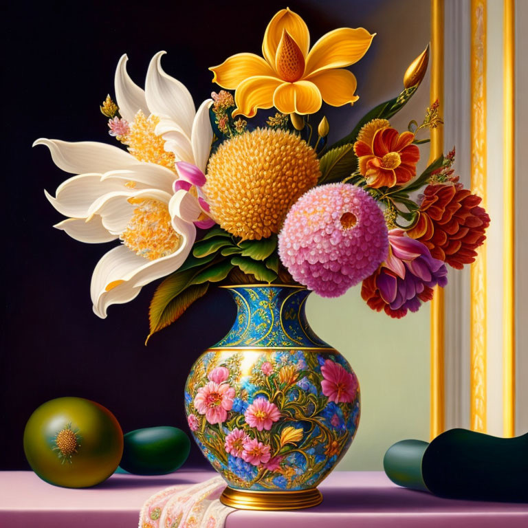 Colorful still life painting: vase, flowers, patterned eggs on table.