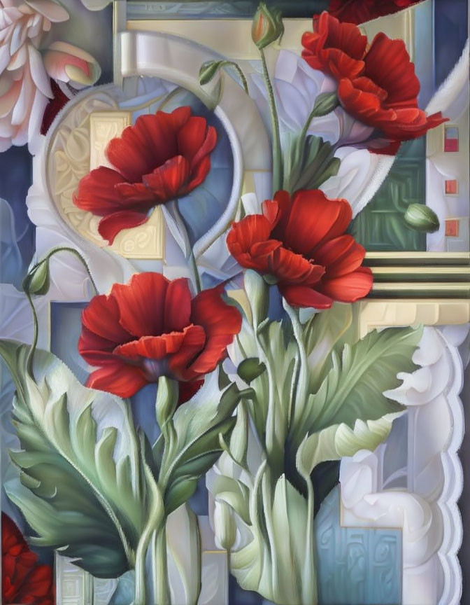 Vivid Red Poppies Painting with Architectural Elements