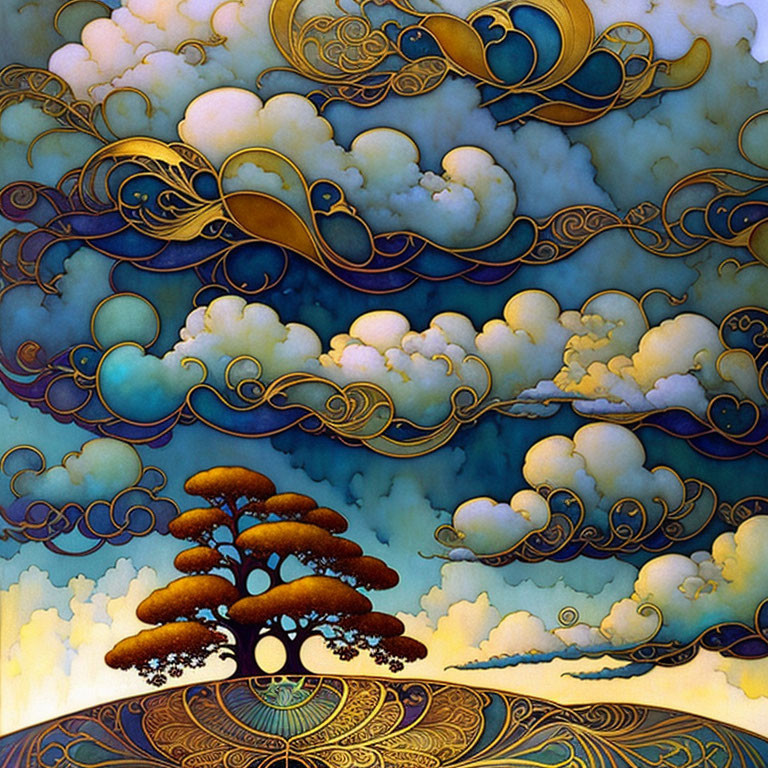 Colorful whimsical tree with golden details on blue cloud backdrop