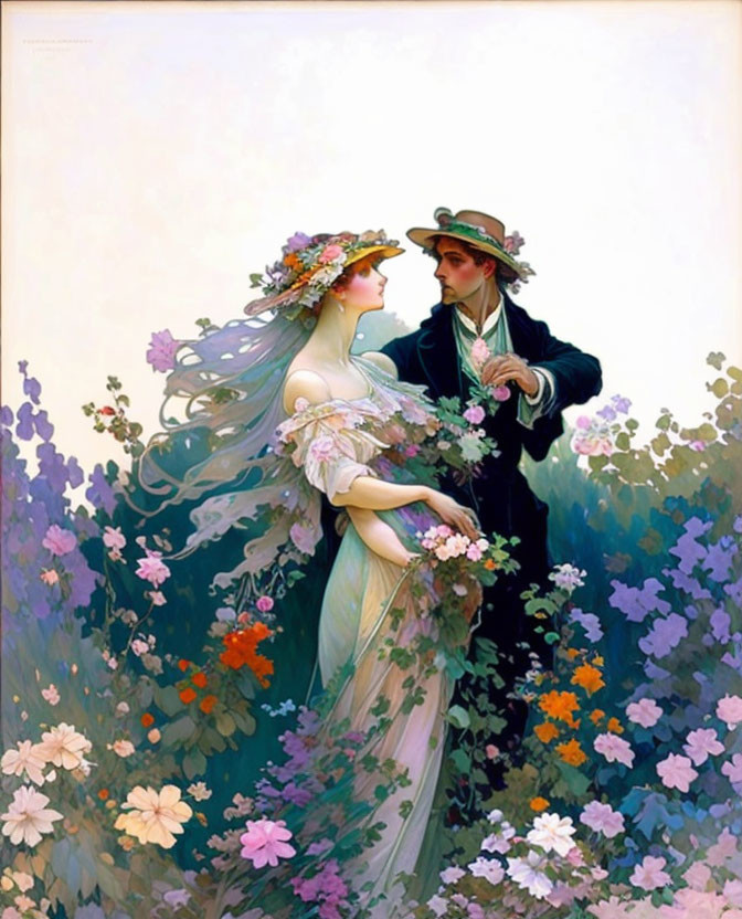 Romantic vintage clothing painting of man and woman in flower garden