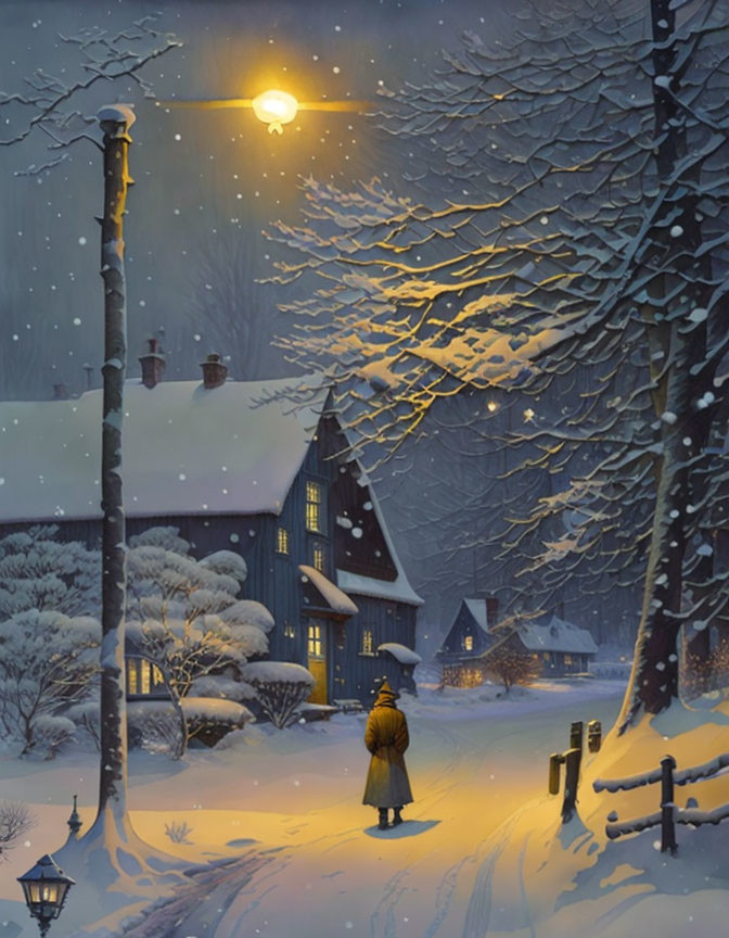 Person in Yellow Coat Stands Under Glowing Streetlamp on Snowy Night