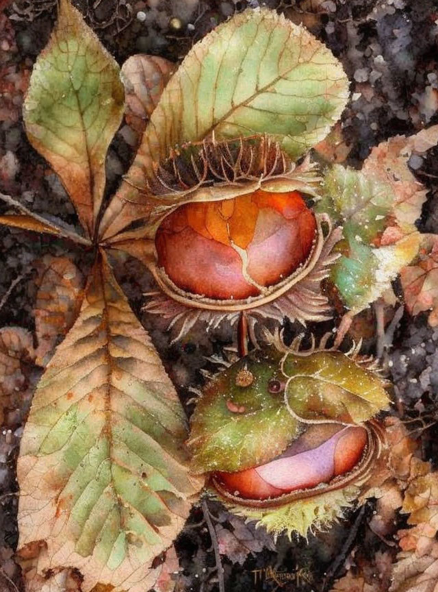 Autumn-themed painting: Two chestnuts in spiky shells with leaves and pebbles