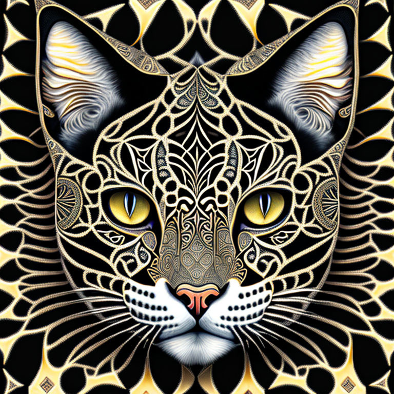 Detailed Cat Illustration with Patterned Design in Black and Gold Tones