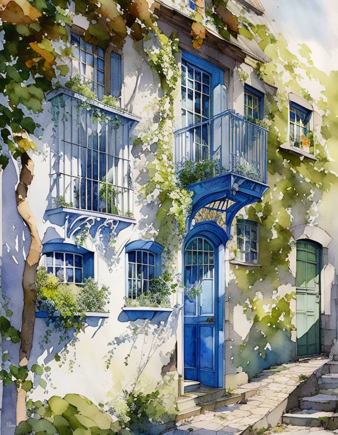 Vivid Watercolor of Two-Story Building with Blue Accents