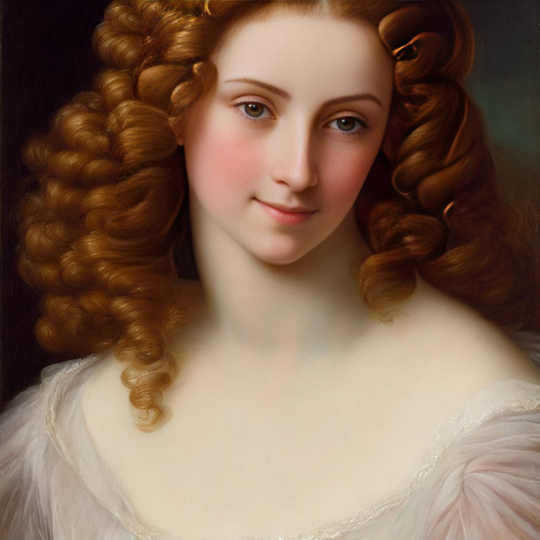 Portrait of woman with curly golden hair, fair skin, and soft smile in off-shoulder white