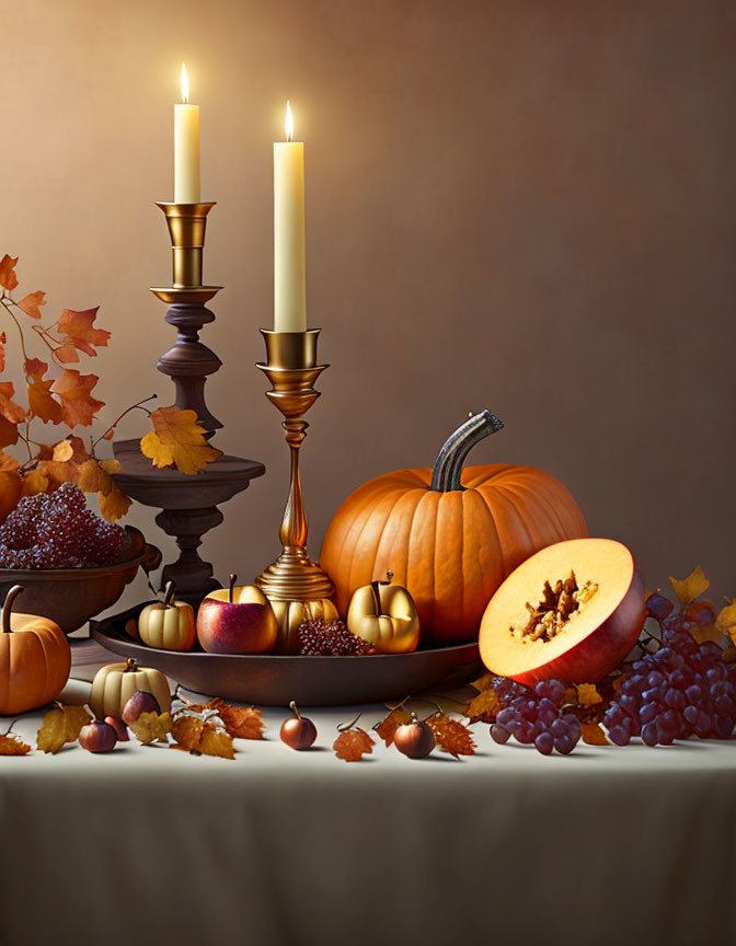 Autumn Still Life with Candles, Pumpkin, Fruit, Grapes, and Leaves