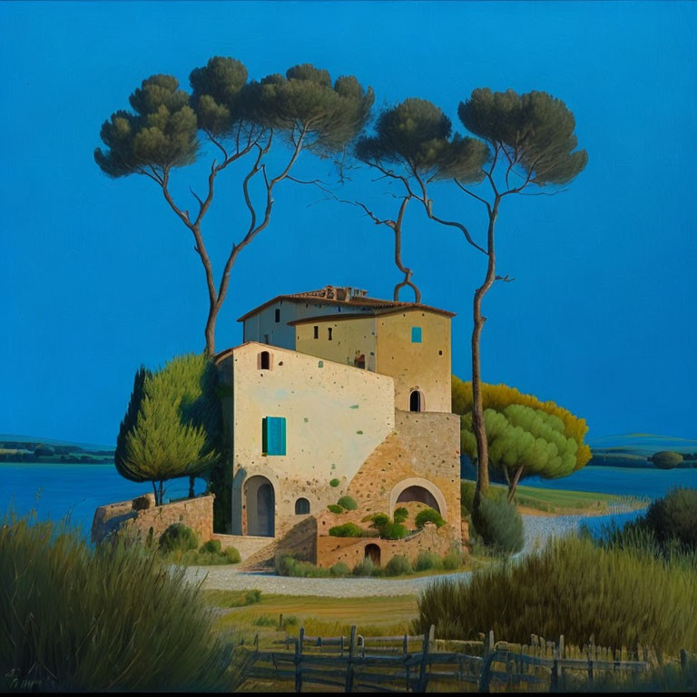 Idyllic painting of stone house, trees, lake scenery