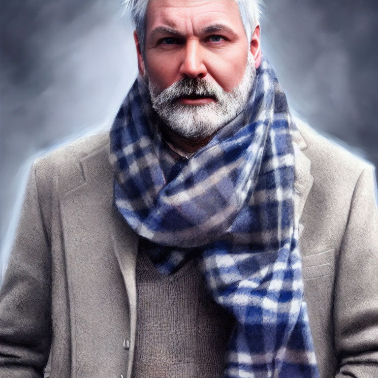 Elderly Man Portrait in Coat and Checkered Scarf on Foggy Background