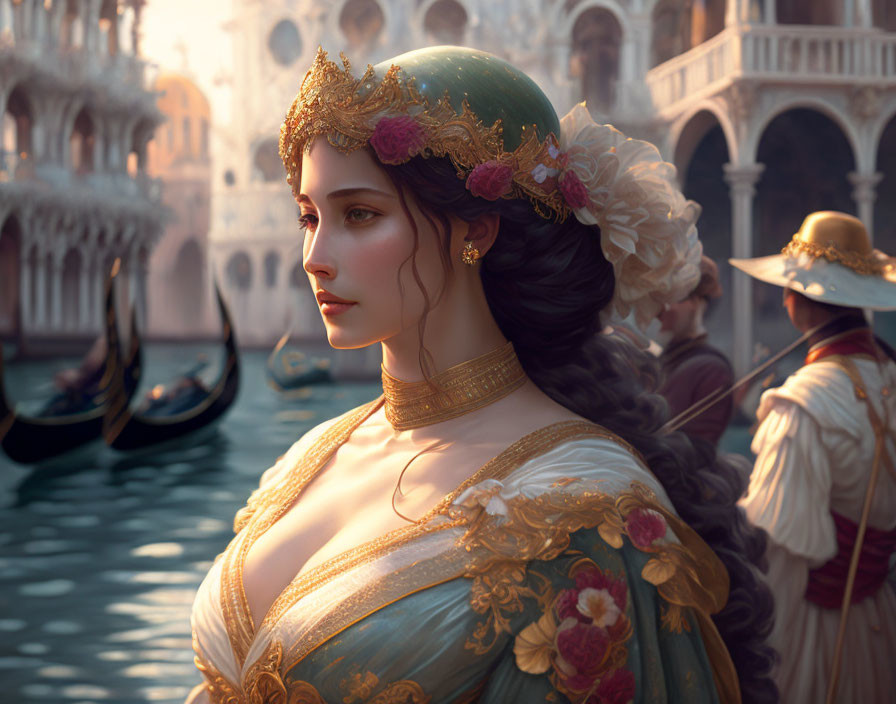 Historical woman in gold tiara by Venetian canal