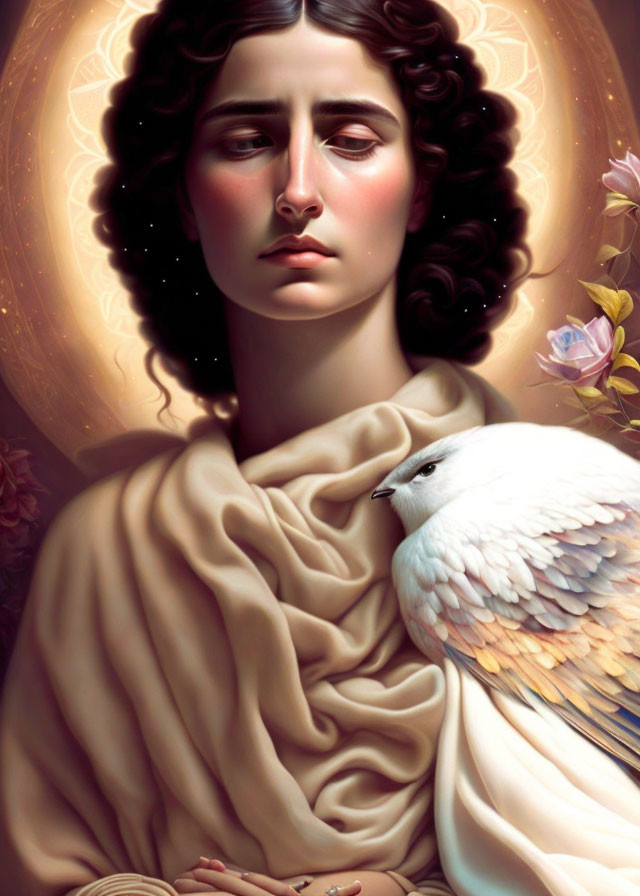 Illustration of woman with wavy hair holding white dove and glowing halo surrounded by flowers