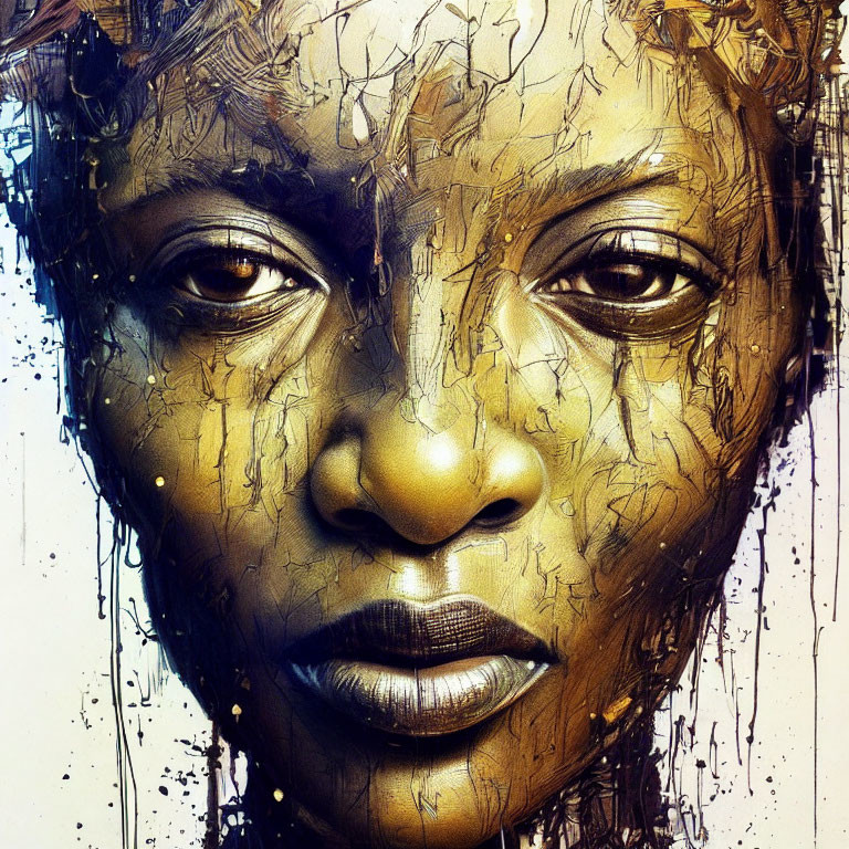 Textured portrait of a woman with golden hues and cracked earth lines