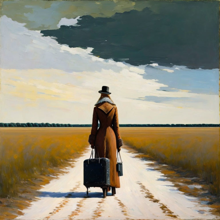 Person in Coat and Hat Walking Down Rural Path with Suitcase and Bag