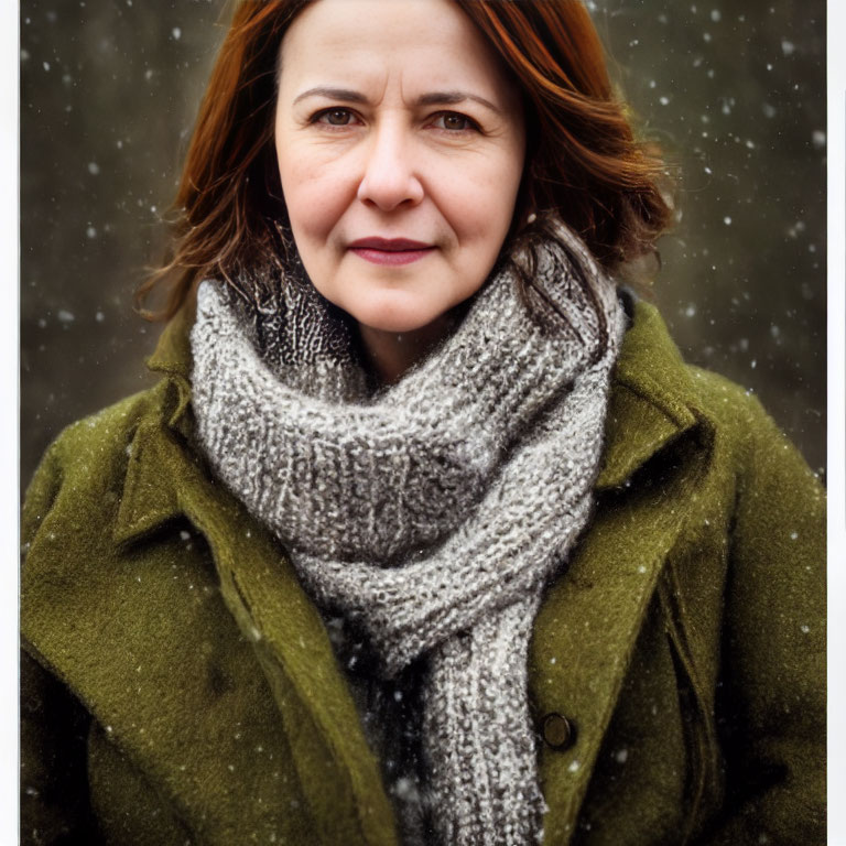 Auburn-Haired Woman in Green Coat and Grey Scarf in Snowy Setting