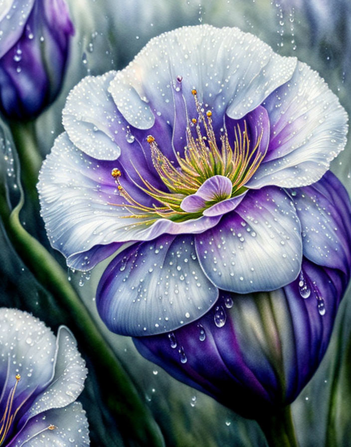 Detailed Purple Flower Illustration with Dewy Petals in Green Surroundings