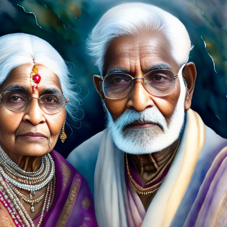 Elderly Couple: Man with White Mustache and Glasses, Woman in Traditional Indian Jewelry