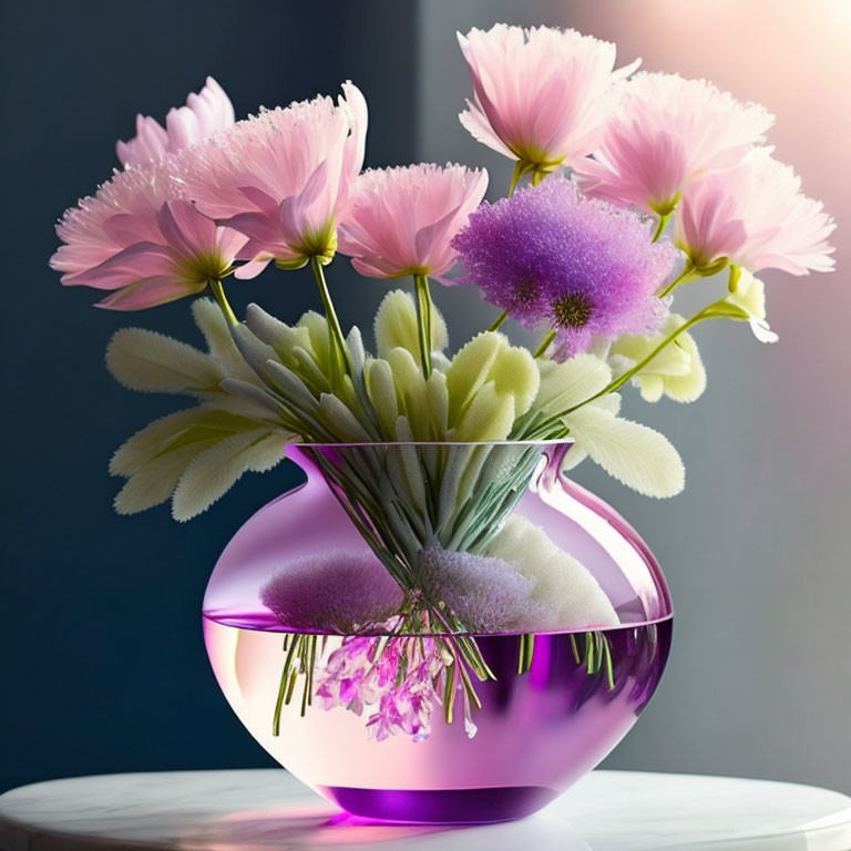 Pink Flowers and Greenery in Purple Vase on Reflective Surface