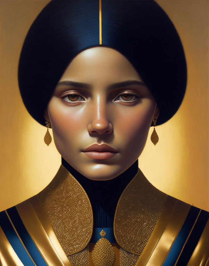 Stylized portrait of woman with blue headscarf, golden earrings, and ornate collar on