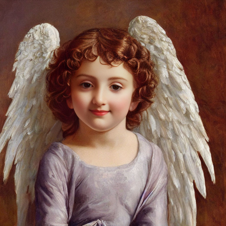 Cherubic figure with curly hair and angel wings on brown background