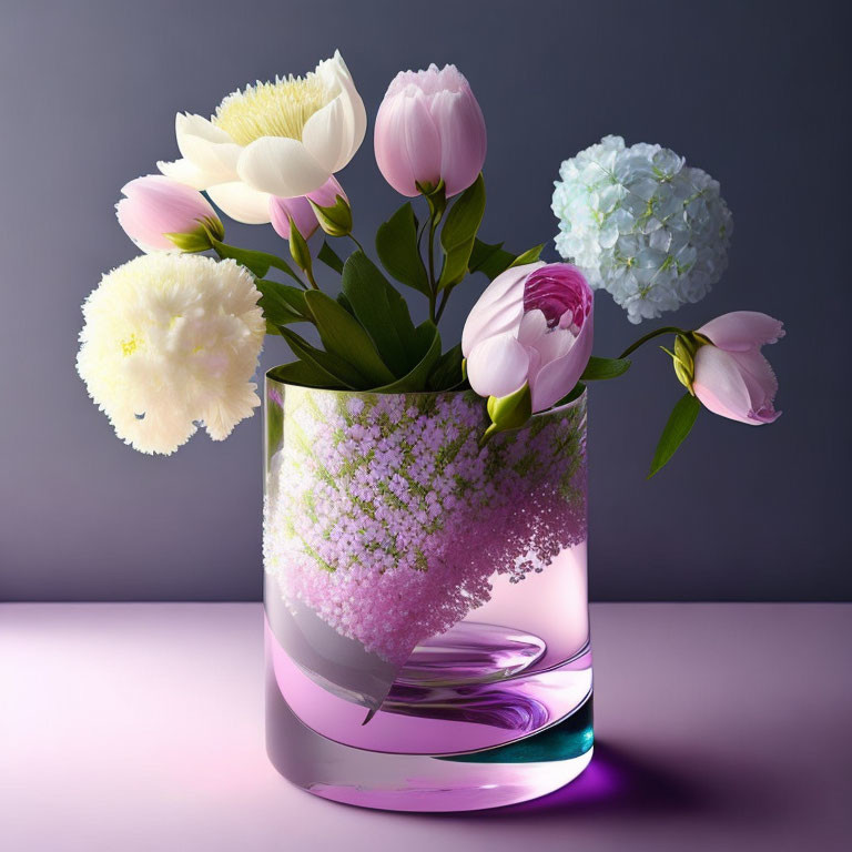 Glass Vase with Pink and White Flowers on Purple Background