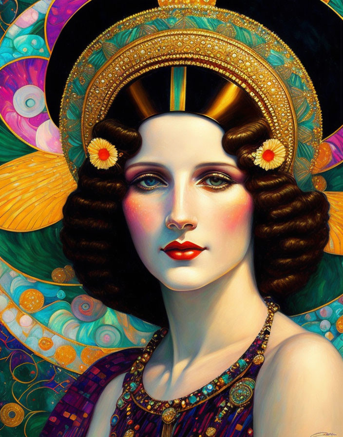 Colorful Art Nouveau-inspired woman portrait with elaborate headdress and intricate patterns.