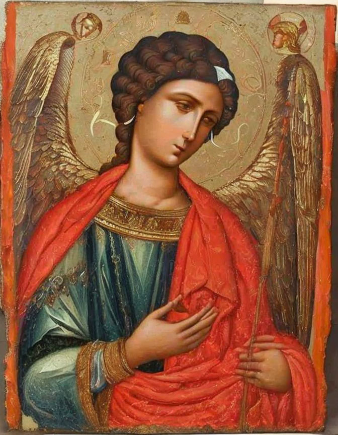 Traditional Icon Painting of Angel with Brown Wings and Ornate Halo