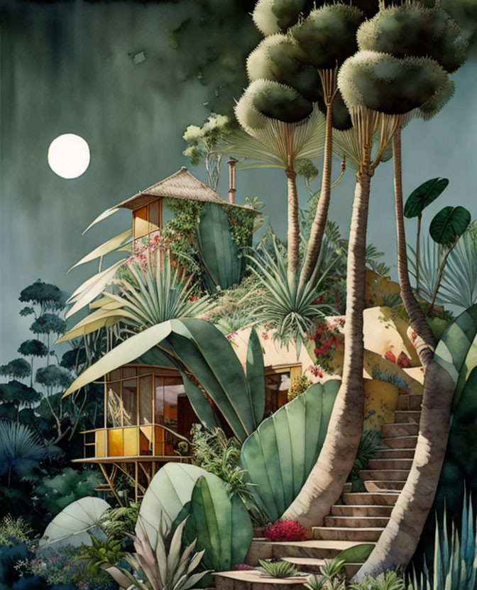 Tropical treehouse illustration in moonlit jungle