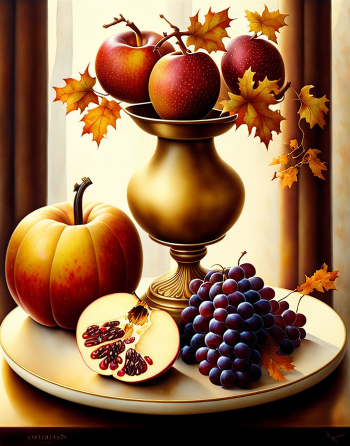 Autumn-themed still life painting with pumpkin, apples, grapes, and golden goblet