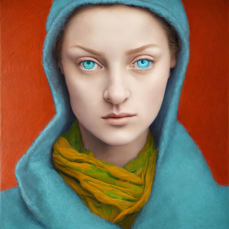 Portrait of Woman with Striking Blue Eyes in Teal Hood and Yellow-Green Scarf