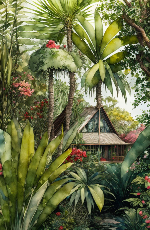 Tropical garden with wooden cabin and lush greenery