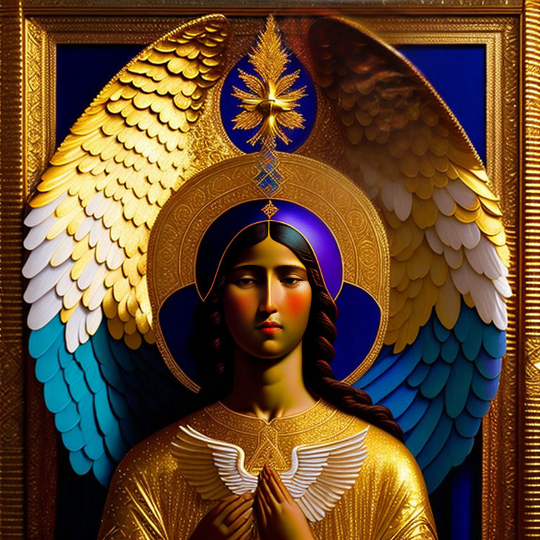 Colorful angel illustration with gold attire and symbolic elements on blue background