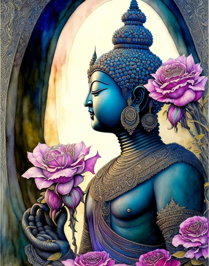 Serene blue Buddha statue with lotus and intricate jewelry against ornate archway