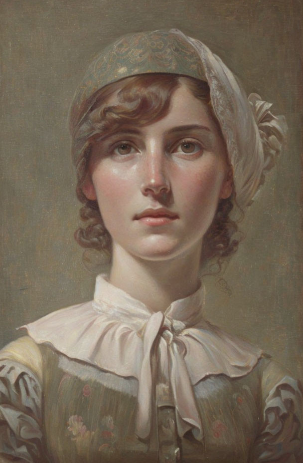 Young woman portrait with serene expression and vintage attire.