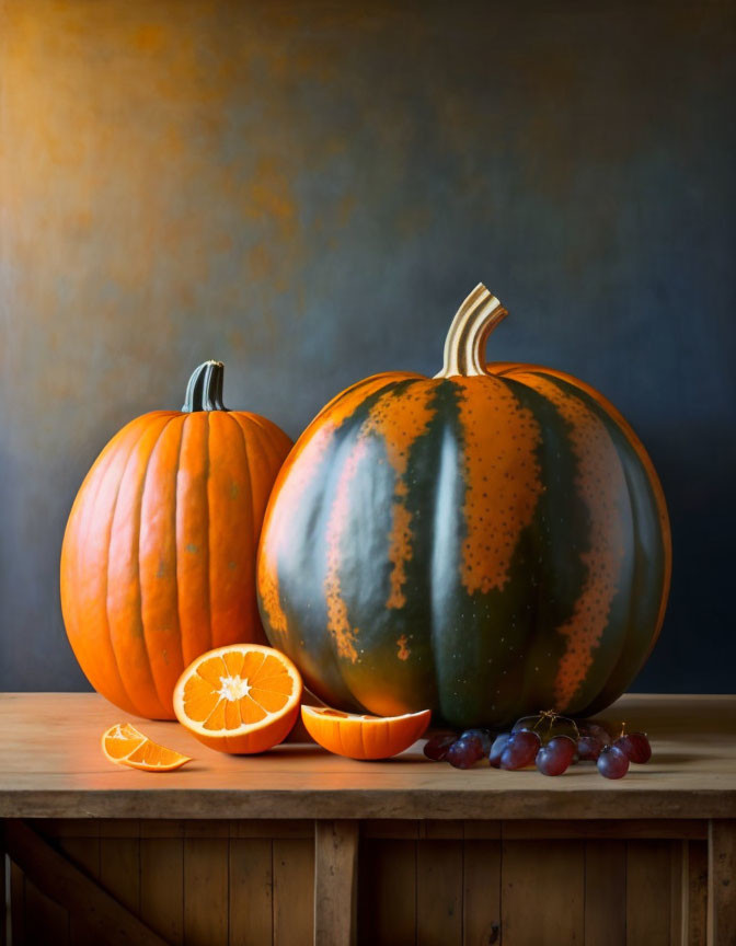 Whole pumpkins, halved orange, and grapes on wooden table with gradient background