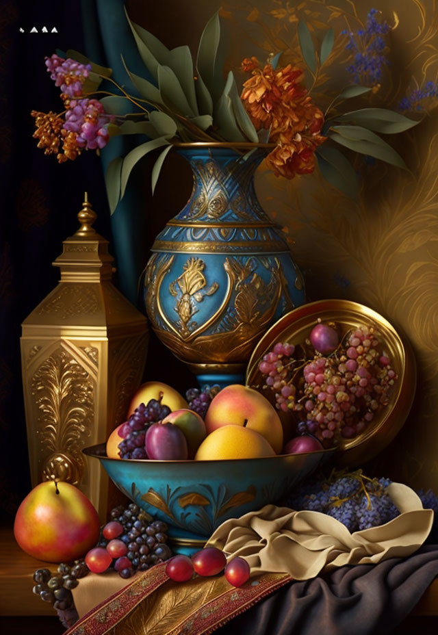 Classic blue vase, golden lantern, fruit bowl in opulent still life.