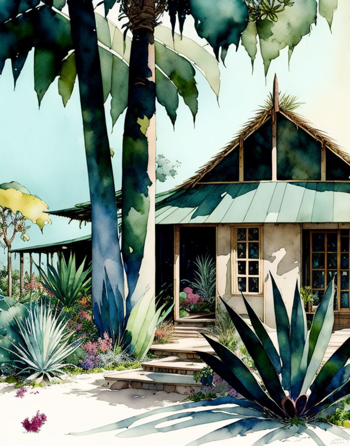 Tropical hut surrounded by lush greenery and agave plants in vibrant watercolor