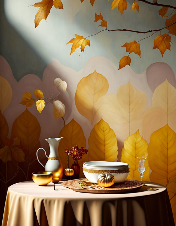 Autumn-themed still-life with bowl, jug, cup, glass, golden leaves, and warm light