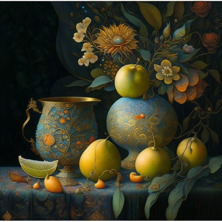 Ornate floral vases, green apples, melon, and metallic jug on dark background