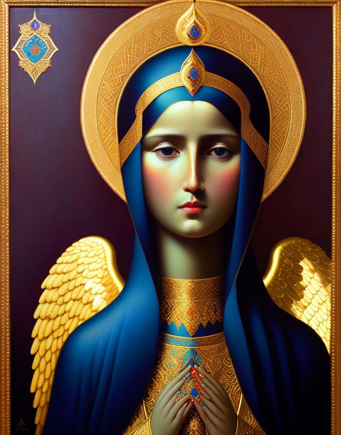 Figure with gold angelic wings in blue robe with golden details, praying.