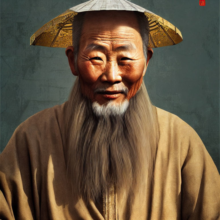 Elderly Asian man in traditional attire smiling against gray backdrop