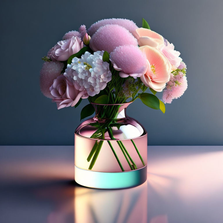 Pink roses, white flowers, and lush leaves in a modern vase on reflective surface