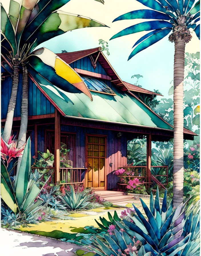 Vibrant illustration of wooden cabin in lush tropical setting