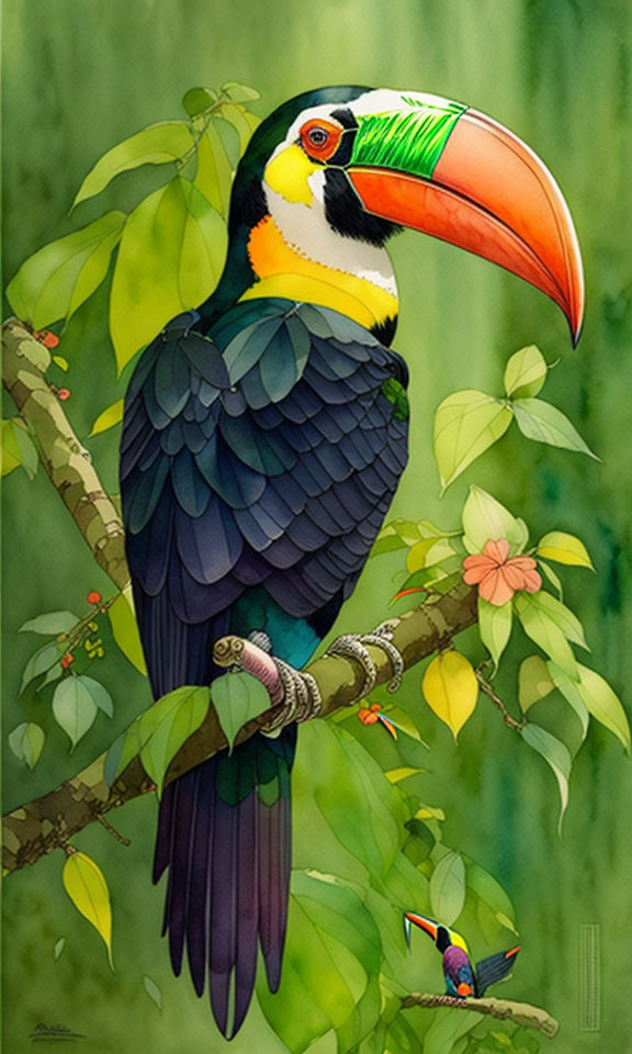 Vibrant toucan on branch with hummingbird in lush setting