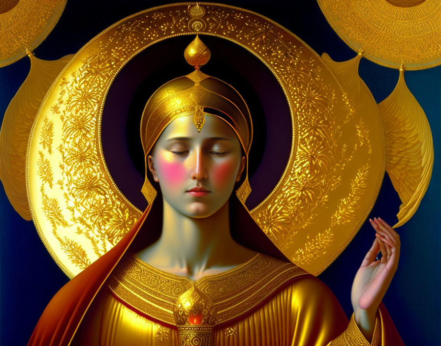 Digital Art: Serene Woman with Golden Headgear and Halo