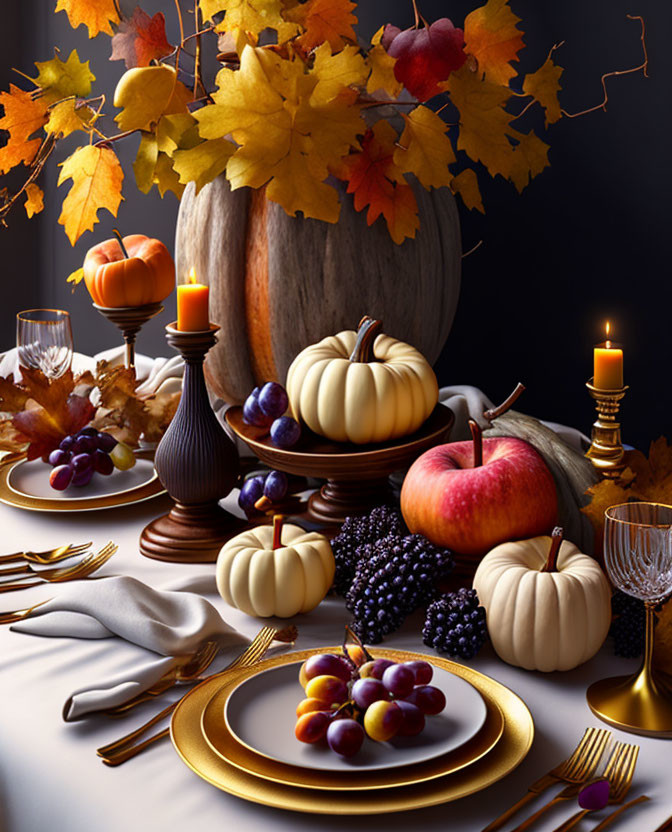 Autumn-themed table setting with golden plates, candles, pumpkins, apples, grapes, and yellow