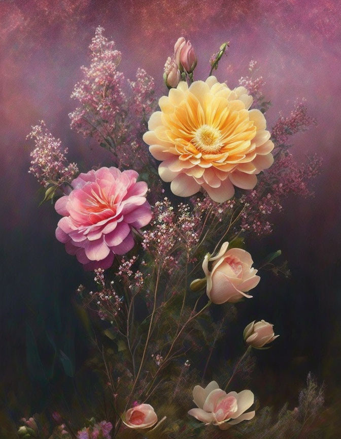 Colorful floral painting on textured pink and purple backdrop