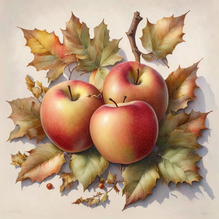 Realistic apples with autumn leaves, branch, and acorns on light background