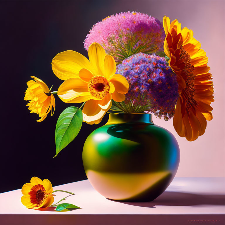 Colorful Flower Bouquet in Green Vase on Pink Surface