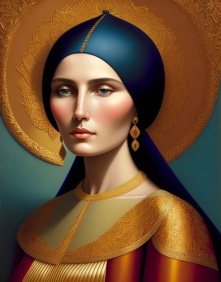 Digital art portrait of woman with blue headdress and golden jewelry