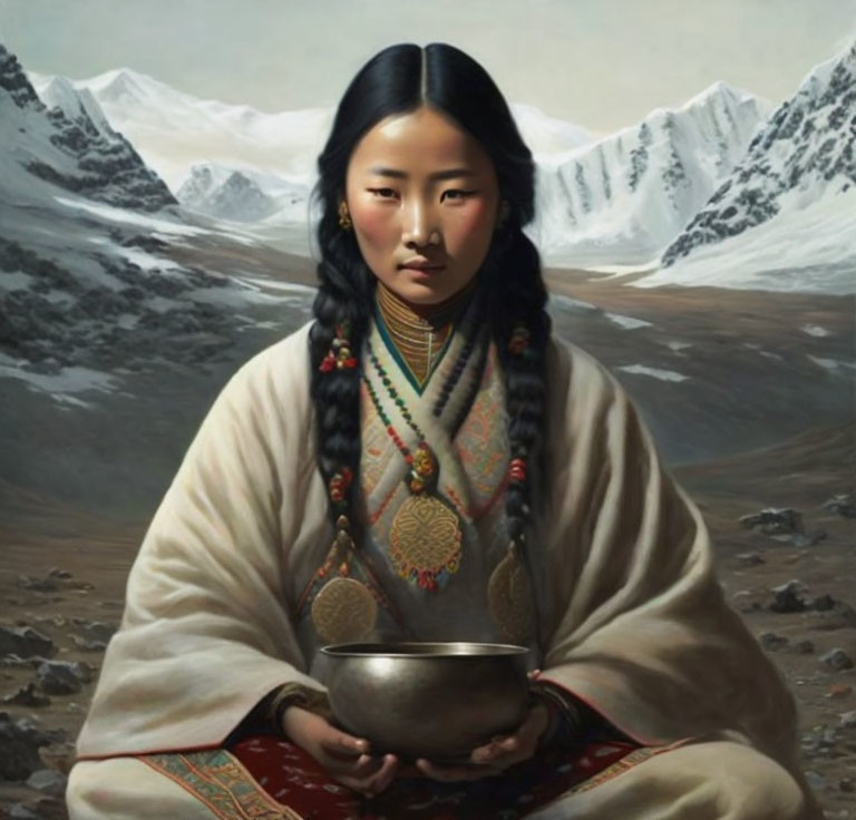 Traditional Attire Woman with Bowl Against Mountain Backdrop