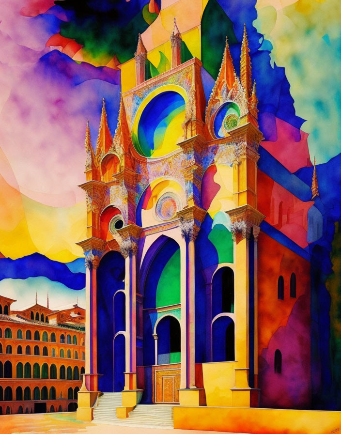 Colorful watercolor painting of a fantastical cathedral with rainbow arches and intricate spires